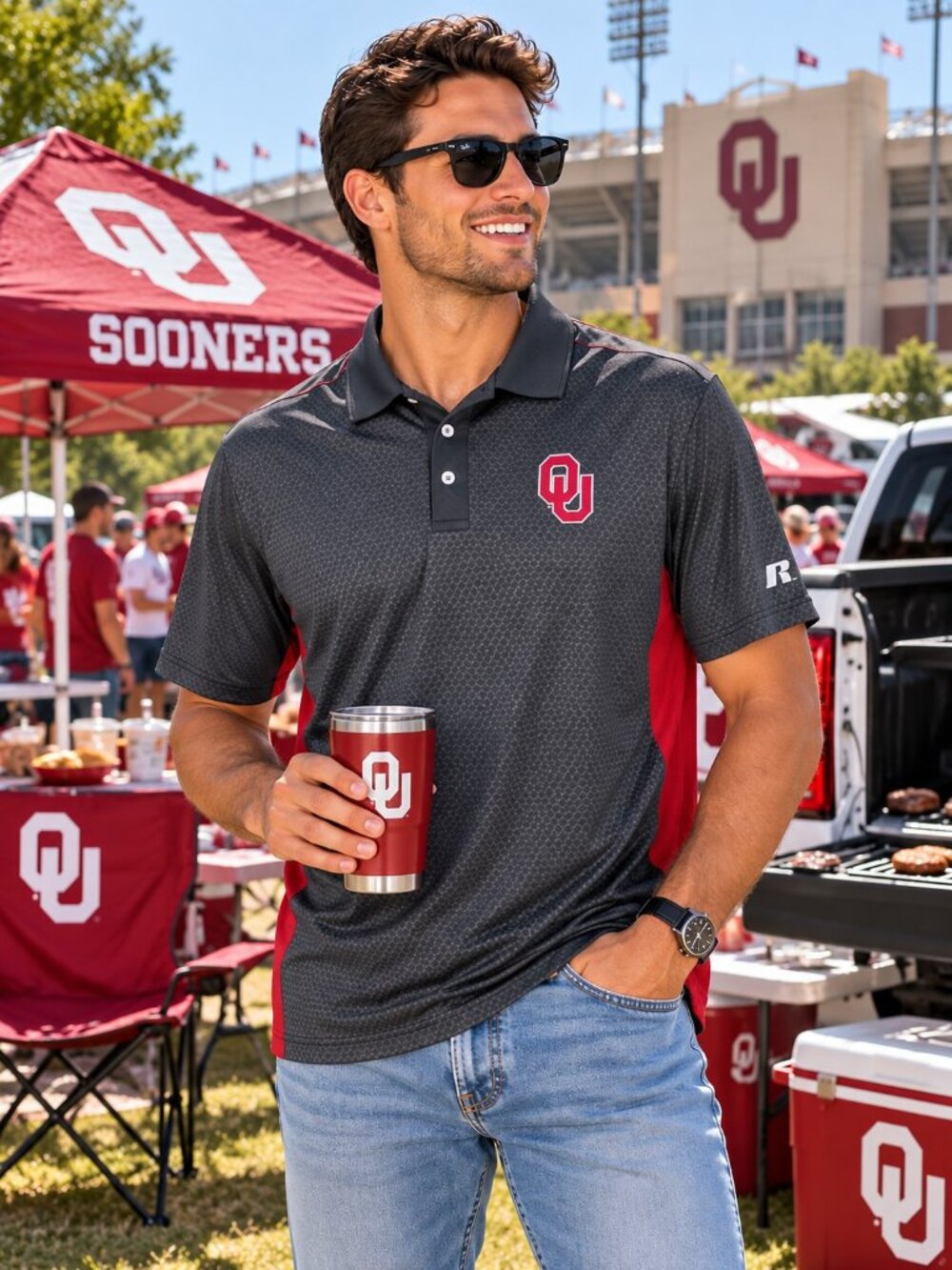 Russell Athletic Oklahoma Sooners OU Performance Polo Mens M Gray Red